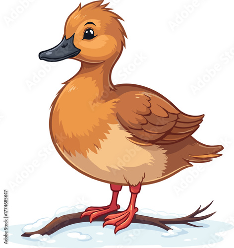 A cute cartoon illustration of a single brown duck standing happily, perfect for wildlife themes, nature graphics, children’s illustrations, educational materials, and friendly animal-based design con