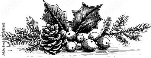 Decorative christmas frame with engraved pine branches and cones for holiday design