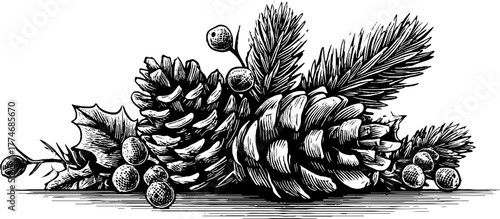 Engraved decorative christmas frame with pine branches and cones for holiday design