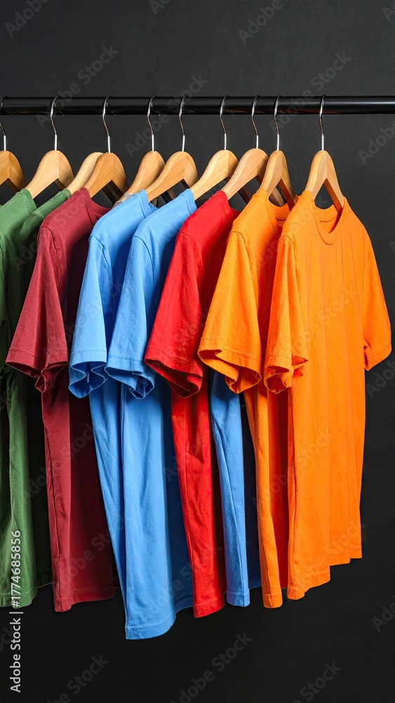 Fototapeta premium Row of assorted color t-shirts neatly arranged on a hanger rack.