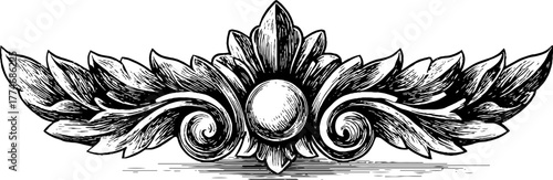 Vintage engraved decorative medallion with scrolls and leaf garlands design