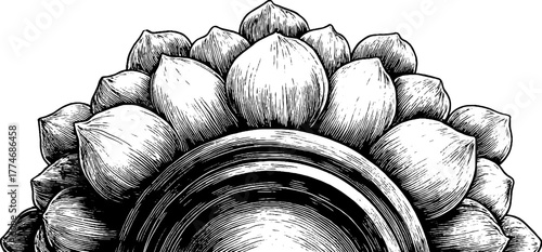 Intricate vintage rosette ornament with layered petals engraving for decorative design