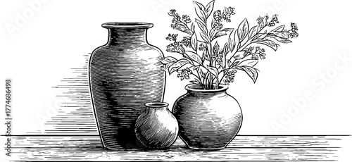Engraved decorative still life of two vases with foliage for art design