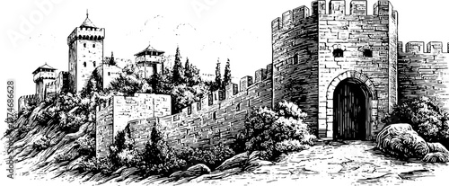 Ancient city wall and watchtower engraving - historical architecture sketch