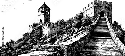 Ancient city wall with watchtower engraving for historical design
