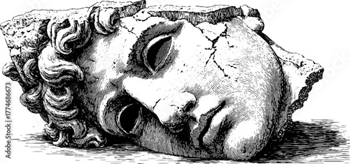 Ancient stone head with eroded features - vintage engraved art for historical design