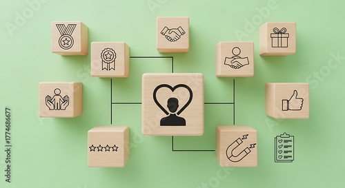 Infographic style arrangement of business icons demonstrating customer focus and strategic goals.