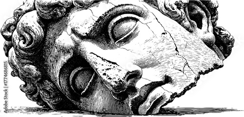 Vintage engraving of classical statue head with broken nose on a textured background
