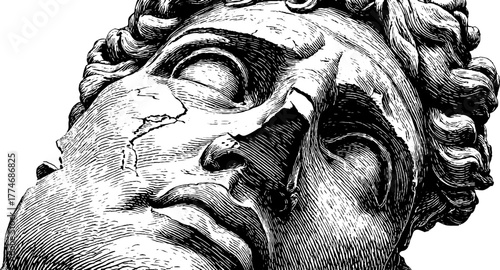 Classical statue head with broken nose, engraved style for art and design projects