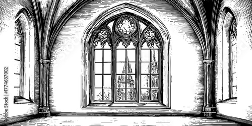 Cathedral window tracery gothic architectural vintage sketch hand drawn engraving illustration. Intricate medieval design with ornate arches and detailed religious craftsmanship.

