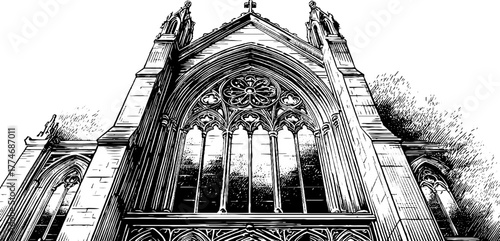 Gothic cathedral window with tracery - vintage engraved design for historical architecture art