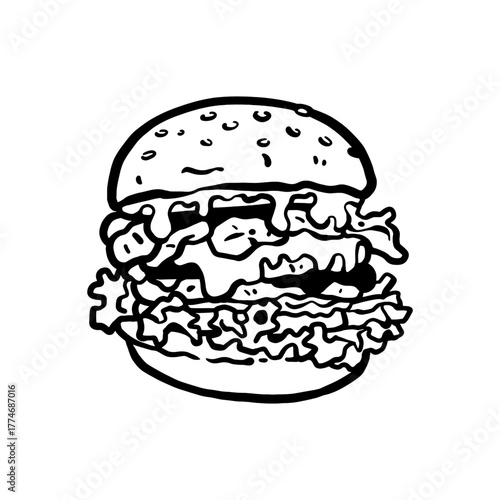 Hand drawn vector illustration of a classic hamburger with lettuce, tomato, and cheese. Detailed black line drawing showing juicy burger layers and realistic textures in sketch style. Perfect for rest