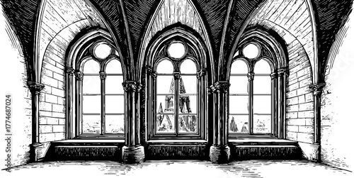 Gothic cathedral window engraving - architectural tracery design for art and decor