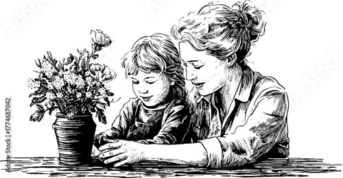 Vintage mother and daughter arranging bouquet in engraved style art for retro decor