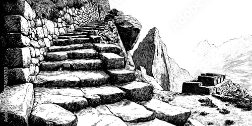 Ancient mountain pass with carved steps in vintage engraving style for retro design