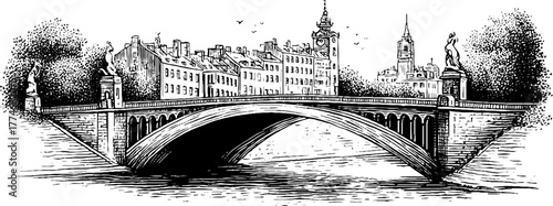 Vintage engraving of old bridge with sculpted balustrades in historic cityscape