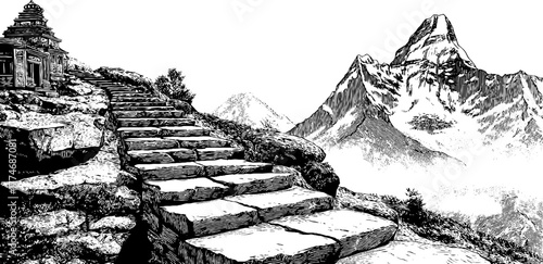 Ancient mountain pass with carved steps and majestic peaks for historical or nature design