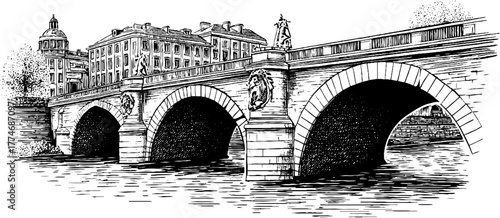 Vintage engraved illustration of historic bridge with sculpted balustrades for design