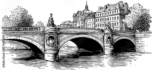Vintage engraved illustration of historic bridge with sculpted balustrades for retro design