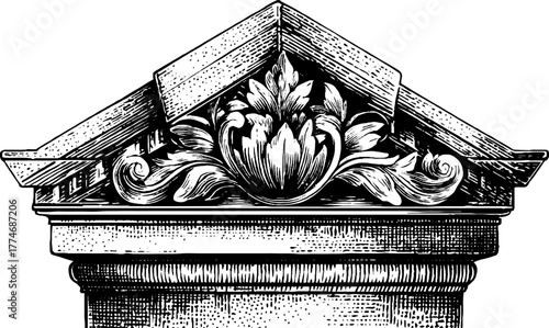 Ornate stone gate pediment with architectural sculpture in vintage engraving style