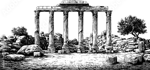 Ancient roman forum ruins with majestic columns and open landscape for historical design