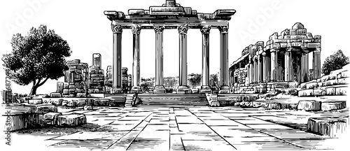Engraved depiction roman forum ruins columns ancient architecture historical design decor vintage antique monument classical heritage archaeology illustration. Classic stone landmark with detailed str