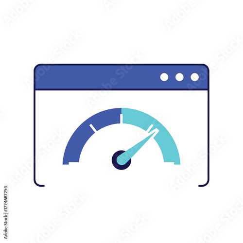 Vector illustration of website speed test icon with speedometer showing performance, indicating fast loading time and optimization