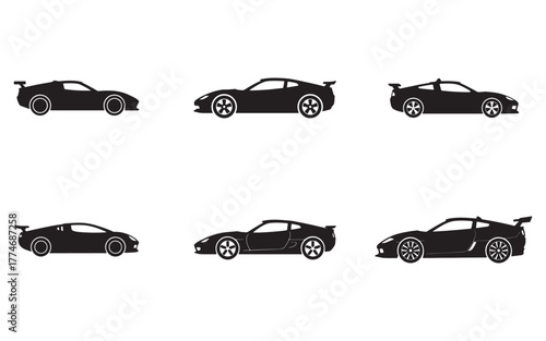 Vector Set of Different Sports Car Silhouettes in Black Color Automotive Design Elements for Graphic Projects