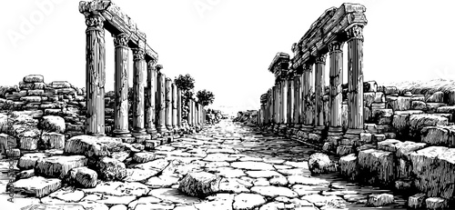 Ancient ruined colonnade with open sky - engraved scene for historical design and decoration