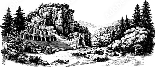 Ancient ruined amphitheatre in overgrown valley vintage design for historical decor