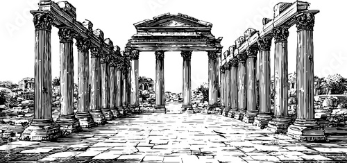Vintage architectural illustration of ruined colonnade with open sky