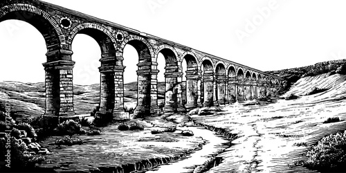 Vintage engraving of ruined stone aqueduct spanning a dry riverbed landscape