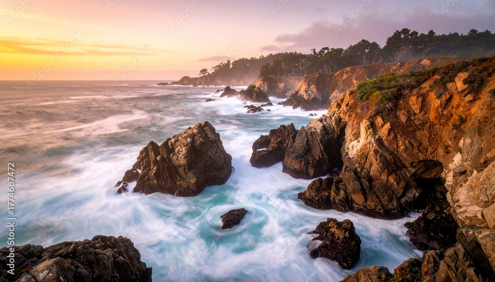 Obraz premium Coastal Sunset Bliss Waves Crashing Against Cliffs in Scenic California with USA.