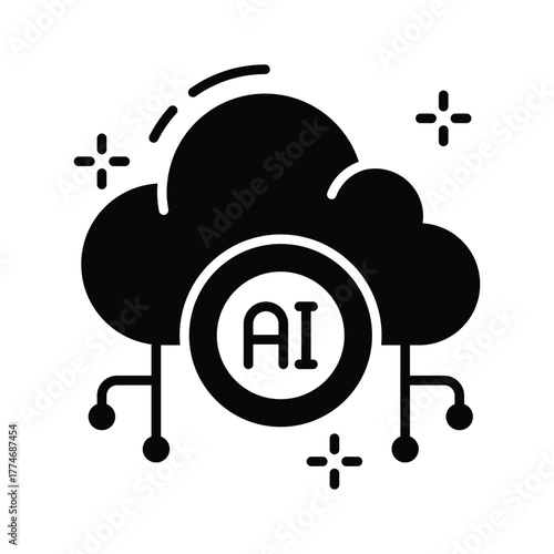 Cloud network glyph icon, artificial intelligence and online connectivity