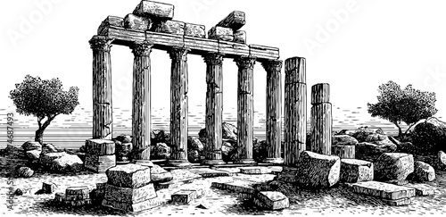 Engraved depiction of sunlit classical temple ruins with columns and trees