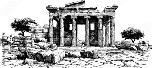 Vintage engraving of sunlit classical temple ruins for artistic print and design