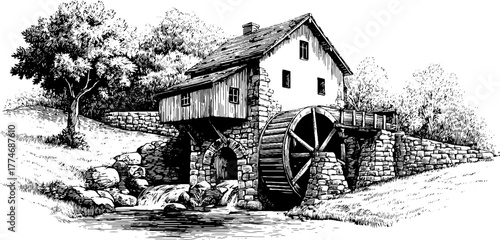 Vintage engraving of watermill by stream with rotating wheel for rustic design