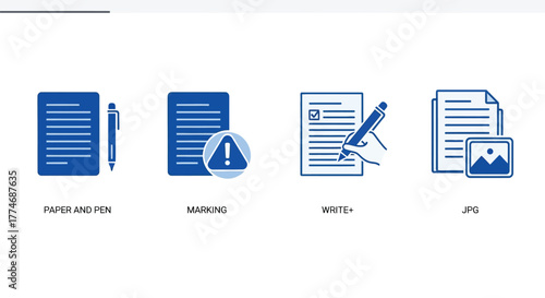 Vector illustration of document icons a set of icons representing paper and pen, masking, writing, and image insertion, all in blue and white, neatly arranged