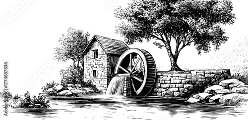 Vintage watermill by a stream with rotating wheel in nature scene