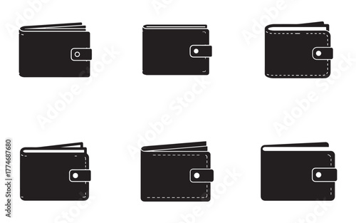 Wallet Icons Set Black Silhouette of Different Styles and Closure Types for Financial Security and Money Management