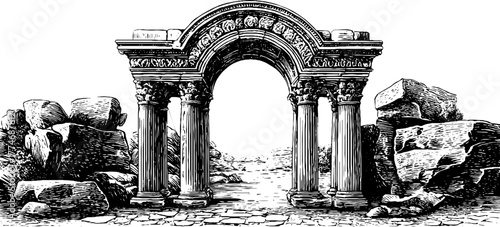 Vintage engraved double stone arch with carved capitals and central keystone