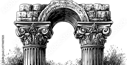Vintage engraved double stone arch with carved capitals design for historical architecture