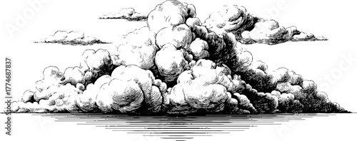 Dramatic cloud formation in sky atmospheric engraving for design and art projects