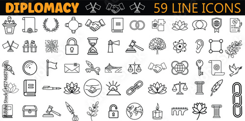 Collection of diverse line art icons representing diplomacy and international relations concepts isolated on transparent background