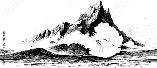 Dramatic sea waves crashing on cliffs under stormy skies - vintage etched design for nautical art