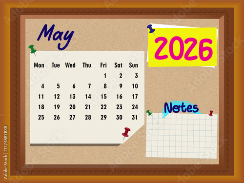 May 2026 Calendar on Cork Board with Notes, Sunday Week Start, Push Pins