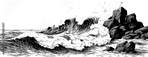 Dramatic sea waves crashing on cliffs under stormy skies vintage design for prints and posters