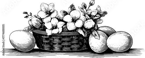 Elegant vintage easter still life with decorated eggs and spring flowers for card design