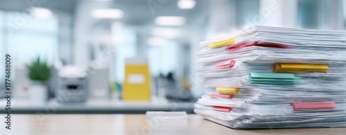 The Stack of Organized Office Documents with Colorful Tabs on Desk