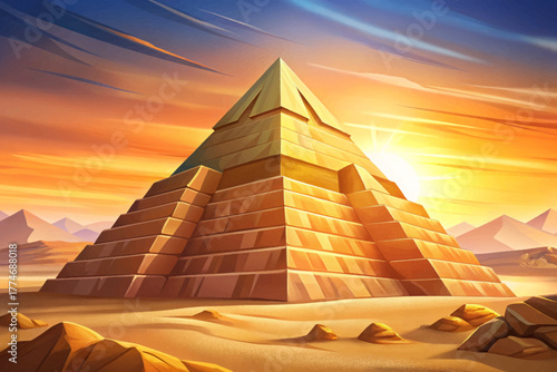 Great pyramid illuminated by golden sunset light and desert sand foreground